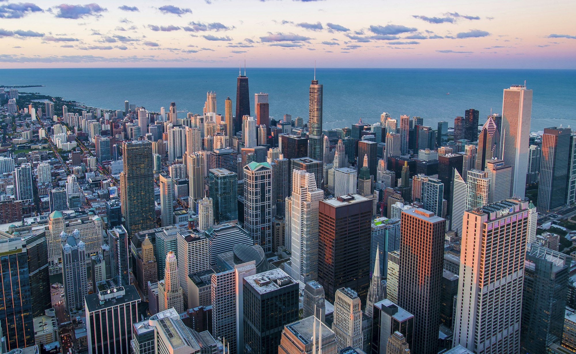 City skyline at dusk over water
